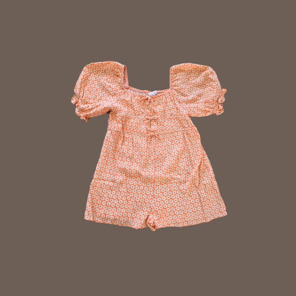 Zara Girls' Orange + White Ditzy Floral Puff Sleeve Shorts Romper 9Y